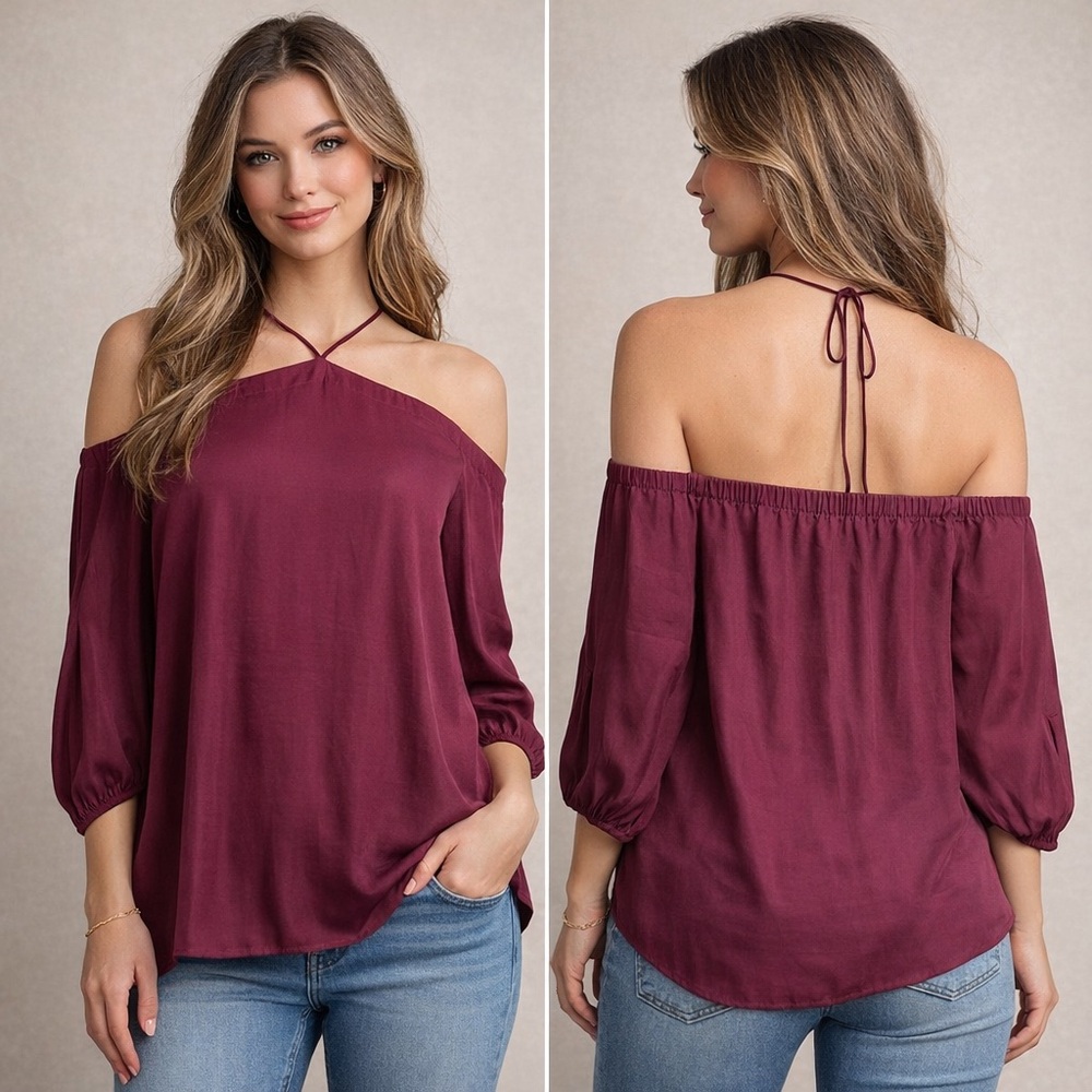 LOFT Off The Shoulder Long Sleeve Blouse Spaghetti Halter Shirt Tops Size XL